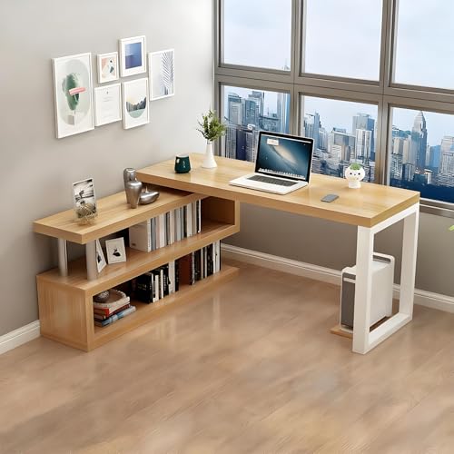 L Shaped Desk with Shelves Reversible Computer Desk with Storage and Stainless Steel Pipe Support,Corner Desk for Small Space,Home Office, Living Room Light-Walnut 55.1''+47.2'' - color: Light-walnut, size: 55.1''+47.2''