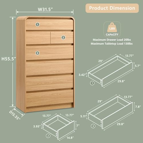 Aitjunz Modern 7 Drawers Dresser for Bedroom, 55" Tall Dressers & Chest of Drawers w/Curved Profile Design, Wood Mid Century Vertical Storage Dressers Organizer for Bedroom, Living Room, Natural Oak - color: Natural, size: 15.5"D x 31.5"W x 55.5"H (7 Draw
