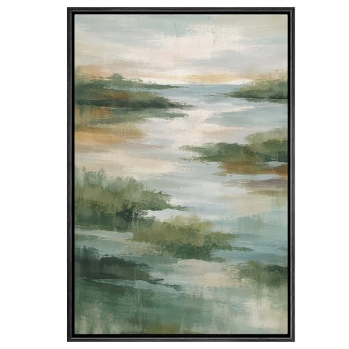 SIGNWIN Framed Canvas Print Wall Art Serene Green Lake Landscape Abstract Nature Water Scene Illustrations Modern Art Minimal Multicolor for Living Room, Bedroom, Office - 16"x24" BLACK - color: B07-2603-EDW05, size: 24"L x 16"W