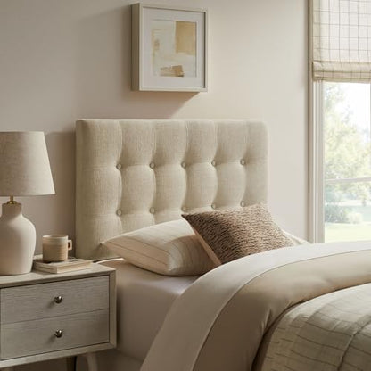 Modway Emily Twin Size Fabric Headboard in Ecru - Linen-Like Upholstery with Button Tufting and 7 Adjustable Height Positions - color: Ecru, size: Twin