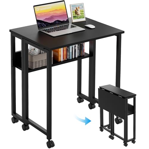 GreenForest Folding Desk with Wheels, 31.5" Rolling Table for Small Spaces | Storage Shelf, Lockable Casters, Compact Portable Workstation, Space-Saving Foldable Sofa Table, Home Office, Mobile, Black - color: Black, size: 31.5 inch