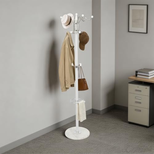 Coat Rack for Entryway, Freestanding Coat Rack, White Coat Rack with Marble Base, 3-Tier Hooks Umbrella Holder, Heavy Duty 33 lbs Capacity, for Hallway Bedroom Living Room