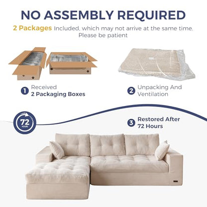 MAXYOYO Boneless Couch, 104-Inch L-Shaped Cloud Couch with Ottoman | Beige Upholstered Sofa Features Layered Cushions and Flexible Modules with No Assembly, Ideal for Modern Living Rooms. - color: Beige, size: 104" L Shape