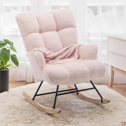 Rocking Chair Nursery Teddy Upholstered Glider Rocker Rocking Accent Chair Padded Seat with High Backrest Armchair Comfy Side Chair for Living Room Bedroom Offices (Pink Teddy) - color: Pink