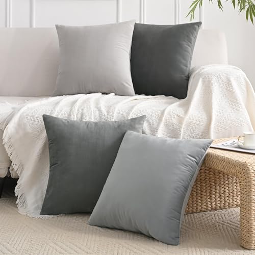 JELLYMONI Velvet Throw Pillow Covers 20x20 Set of 4, Grey | Soft Luxury Feel, Gradient Color Design, Hidden Zipper Closure, Machine Washable, Decorative Home Accent - color: Grey, size: 20" x 20" (Pack of 4)