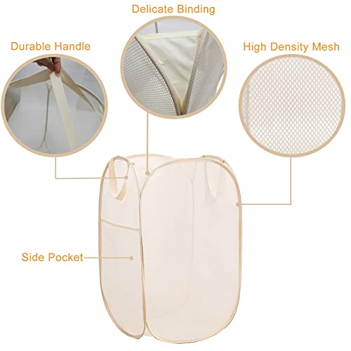 2Pack Collapsible Laundry Basket with Side Pocket, Mesh Pop Up Hamper Portable Carrying Handle, Cruise Room Storage Basket (Beige+Green) - color: Beige+Green