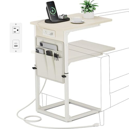 C Shaped End Table with Charging Station, Adjustable Height Side Table for Couch, Small Sofa Table C Table End Table, Slide Under Couch Table TV Tray Arm Table for Living Room, Bedroom, Cream - color: Cream White, style: With Plug