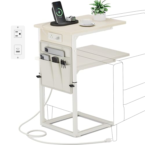 C Shaped End Table with Charging Station, Adjustable Height Side Table for Couch, Small Sofa Table C Table End Table, Slide Under Couch Table TV Tray Arm Table for Living Room, Bedroom, Cream - color: Cream White, style: With Plug
