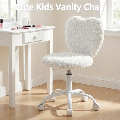 chairus Kids Desk Chair Faux Fur Study Chair for Teenage Girls, Adjustable Heart Shaped Kids Vanity Chair for Bedroom Reading Living Room, Small Cute Student Task Chair with White Foot, Snowflake - color: Snowflake