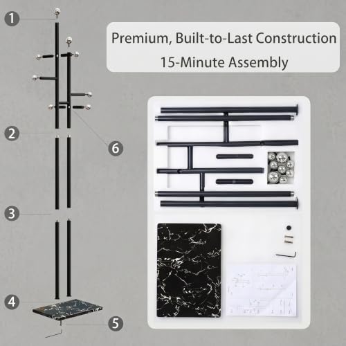 Heavy Duty Office Coat Rack Freestanding, Marble Base Metal | 1.0mm thickened iron tree with 8 stainless steel hooks. Anti-toppling heavy marble base for modern office & reception. - color: black