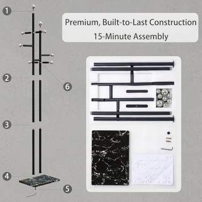 Heavy Duty Office Coat Rack Freestanding, Marble Base Metal | 1.0mm thickened iron tree with 8 stainless steel hooks. Anti-toppling heavy marble base for modern office & reception. - color: black