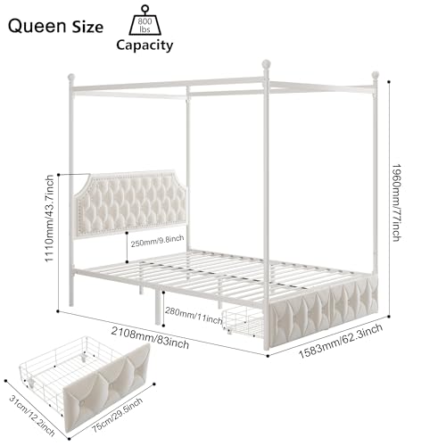 Queen Upholstered Canopy Bed Frame with 2 Storage Drawers & Button Tufted Headboard, Metal Platform Bed with 4 Removable Posts, Two-Purpose Velvet Bed, Beige/Curtain Not Included - color: Beige, size: Queen