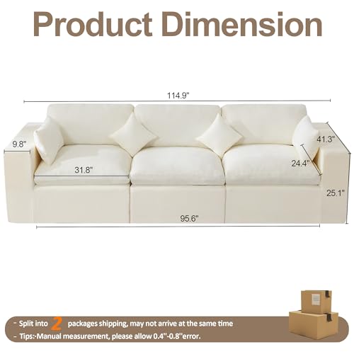 115''Cloud Boneless Sectional Couch, Modular Sectional Sofa Deep Seat, Oversized Upholstered Convertible Comfy 3 Seater Chenille Memory Foam Sofa Couches for Living Room, Beige - color: Beige, size: 115"/3 Seater