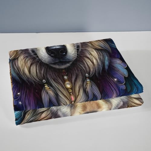 AILONEN Mosaic Wolf Queen Quilted Comforter Set, Jewel Tribal Printed Bedding with 2 Pillowcases, Microfiber Filling, Master Family Bedroom - color: Blue Treasure Wild Wolf, size: Queen