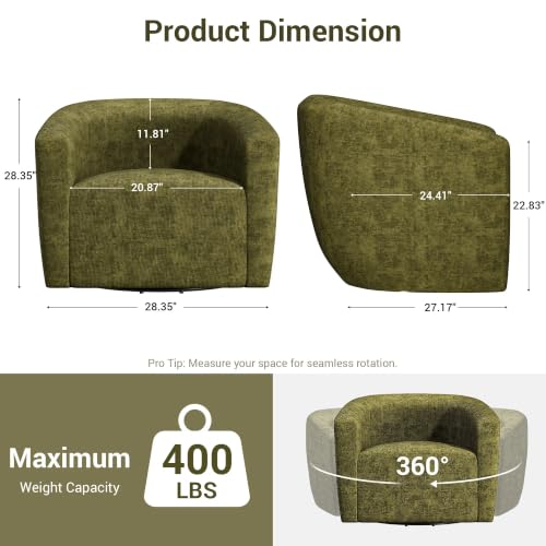YaFiti Modern Swivel Accent Chair 1 pcs, Round Barrel Club Armchair, Green | Chenille Fabric, 24.4” Deep Seat, FSC Solid Wood, 400lbs Capacity, Barrel Club Chair, Upholstered Armchair for Living Bedroom - color: Green