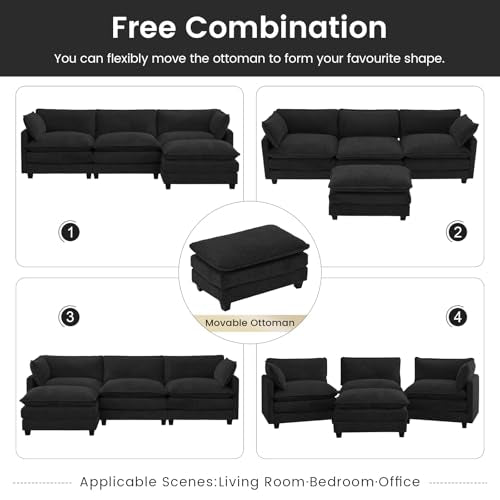 ROWHY Oversized Modular Sectional Couch with Movable Ottoman, 112" Modern Convertible L Shaped Sofa Set, 4 Seat Comfy Cloud Couch with 2 Throw Pillows, for Living Room and Office, Chenille, Black - color: Chenille Black, size: 4 Seats L-Shaped