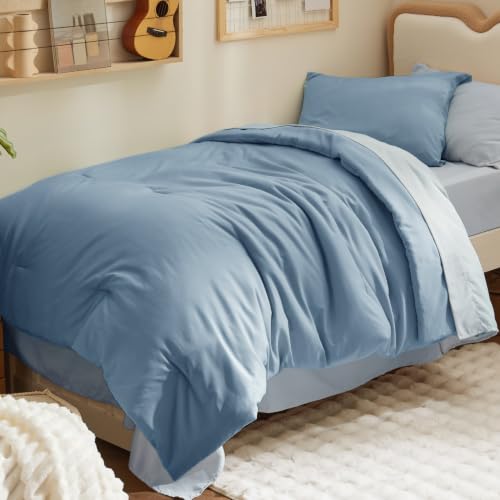 Bedsure 트윈 XL 이불 세트 블루 침대 세트 듀얼 톤 5피스 172.7cm x 223.5cm(68x88인치) | Bed in a Bag 침구 세트, 사계절용, 기숙사 필수품, 대조적인 디자인, 부드러움, 시트 포함, 통기성, 침실 - color: 04 - 그레이시 블루/베이비 블루, size: 트윈-XL