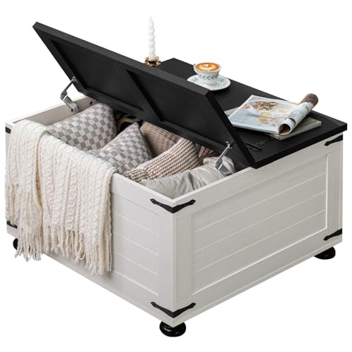Joaxswe Farmhouse Coffee Table with Hidden Storage, Square Large Center Table for Living Room, Vintage Cocktail Tables with Flip-Top Lids, Farm House Tables with Wood Gourd Feet, Antique White & Black - color: White, style: With Round Legs