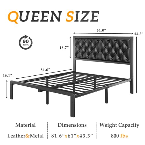 HISOFT Queen Bed Frame with Upholstered Button Tufted Headboard, Bed Frame Platform Metal Slats Support, Under Bed Storage, No Box Spring Needed, Noise-Free, Easy Assembly, Black - color: Black, size: Queen