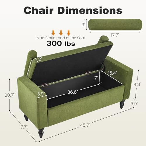End of Bed Bench for Bedroom, 45.7" Linen Storage Ottoman Bench with Removable Pillows, Upholstered Entryway Bench with Solid Wood Legs, Storage Cabinet for Bedroom, Living Room, Entryway, Green - color: Green