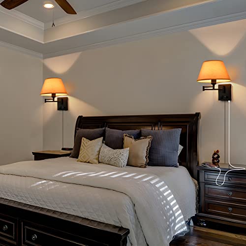 Swing Arm Wall Sconces, Plug-in Wall lamp,Bedroom Wall lamp ， White Fabric Shade with dimmable Switch and USB Charging Port,Suitable for Bedside,Living Room,Reading (Black. Gold Shadow) - color: Black. Gold Shadow