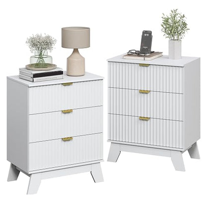 White Night Stand with 3 Drawers, Bedside Table & End Table, 24" Wide Mid Century Modern Fluted Wood Nightstand with Metal Handles, Farmhouse Night Stands for Bedroom - color: White, style: 3 Drawers