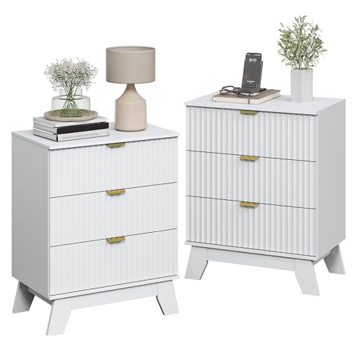Night Stand Set 2, Bedside Table & End Table, Mid Century Modern Fluted Wood Nightstand with 3 Drawers & Metal Handles, Farmhouse Nightstand for Bedroom, White - color: White, style: 3 Drawers-2 PCS