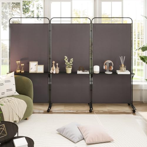GOFLAME 3 Panel Room Divider with Storage Shelves, 6FT Folding Privacy Screen with Lockable Wheels, Portable Rolling Wall Divider, Freestanding Partition Screen for Room Separation, Brown - color: Brown