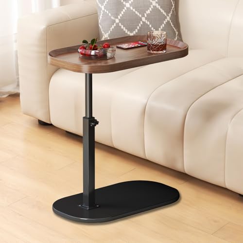 C Shaped Side Table Adjustable Height, 360° Swivel Couch End Table That Slide Under, Small C Shaped End Table for Sofa/Bed/Bathtub, Coffee TV Dinner Tray for Living Room, Bedroom, Bedside (Walnut) - color: Walnut