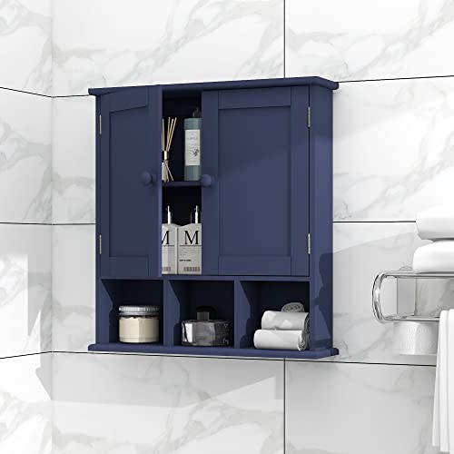 TaoHFE Blue Bathroom Over The Toilet Storage Cabinet | Wall Medicine Cabinet Organizer With 2 Door Adjustable Shelves,Wooden Modern Bathroom Shelves Wall Mounted Laundry Room - color: Blue