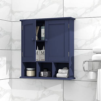 TaoHFE Blue Bathroom Over The Toilet Storage Cabinet | Wall Medicine Cabinet Organizer With 2 Door Adjustable Shelves,Wooden Modern Bathroom Shelves Wall Mounted Laundry Room - color: Blue