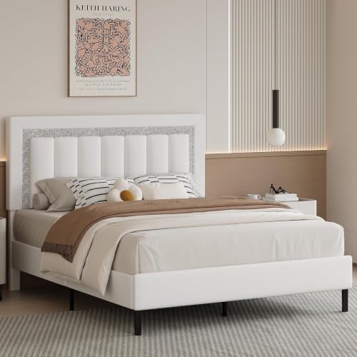HOMBCK Full Bed Frame with Faux Leather Upholstered Headboard | Bed Frame Full Size with Diamond Vertical Design, No Box Spring Needed, Under Bed Storage, Easy Assembly, White - color: White, size: Full