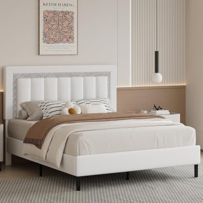 HOMBCK Full Bed Frame with Faux Leather Upholstered Headboard | Bed Frame Full Size with Diamond Vertical Design, No Box Spring Needed, Under Bed Storage, Easy Assembly, White - color: White, size: Full