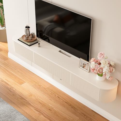 Floating TV Stand with Drawers 94'',Wall Mount TV Stand,Floating Entertainment Center Shelf for Bedroom Living Room Under TV,Fully Assembled,Off-White - color: Milky White, size: 94IN