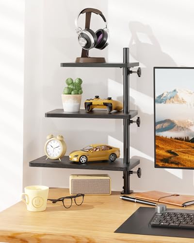 3 Tiers Clamp On Desk Shelf, 360° Angle Adjustable Desktop Shelf Organizer for Home Office Gaming Room, No Drill Desk Extender Adapt to 0.4-2.16 inches Table Thick, Black Brown - color: 3-tier Black
