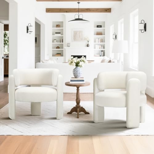 COLAMY Modern Accent Chairs Set of 2, Upholstered Barrel Chairs, Comfy Sherpa Side Arm Chairs with 3 Legs for Living Room, Bedroom, Reading, Cream - color: New-cream, size: Set of 2