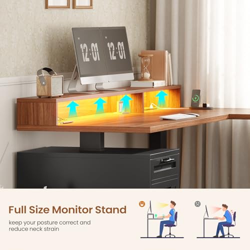 SEDETA Farmhouse L Shaped Standing Desk, 70.1" x 73.2" Height Adjustable Home Office Executive Desk with Drawers, Power Outlet, Monitor Stand, Sit Stand Table with Led Lights for Home Office, Black - color: Black