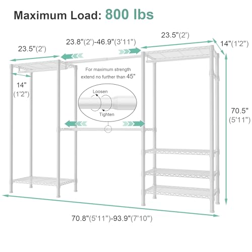 SEMHOR E06 Expandable Heavy Duty Clothes Rack for Reach-in Closet | Freestanding Clothing Racks with Shelves, Carbon Steel Closet Organizer System Adjustable 70.8-93.9", Max Load 800LBS, White - color: White