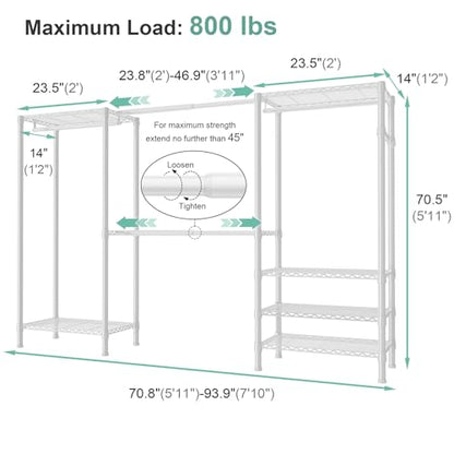 SEMHOR E06 Expandable Heavy Duty Clothes Rack for Reach-in Closet | Freestanding Clothing Racks with Shelves, Carbon Steel Closet Organizer System Adjustable 70.8-93.9", Max Load 800LBS, White - color: White