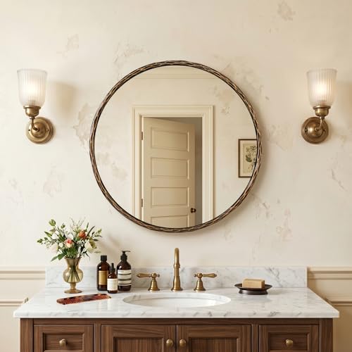 Hand-Forged Round Bathroom Mirror, 28 Inch Antique Oil Rubbed Bronze Hammered Circular Mirror, for Wall Decor, Entryway, Bedroom, Fireplace, Solid Steel Frame - color: Bronze, size: 28"L x 28"W