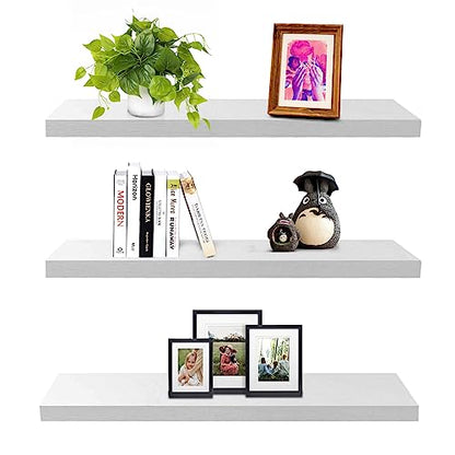 SAUMONIERES Floating Wall Shelves for Bedroom Bathroom Wall Mounted Solid Wood Shelf 24 Inch Set of 3, White - color: White, size: 24 Inch-3 shelves