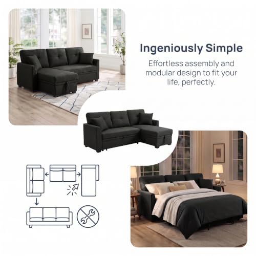 L Shape Queen 3-Seat Pull Out Sleeper Sofa Bed with Storage, Black | Convertible Sofa Bed, L Shape Sleeper Sofa wit, Reversible Storage Chaise, Tufted Fabric,Sectional Sleeper Sofa - color: C-charcoal Black-03c
