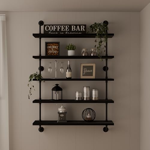 HDDFER Floating Shelves for Wall Living Room Shelves Bookshelf Industrial Pipe Shelving Shelf Real Wood Planks 36 inch Rustic Wall Shelves Hanging Bookshelves Farmhouse Kitchen Bar Shelving - color: Black, size: 5Tier36in
