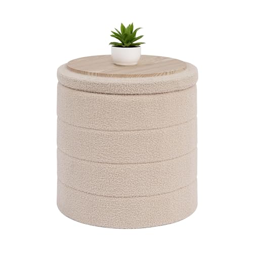 B FSOBEIIALEO Folding Storage Ottoman, Round Sherpa Ottomans, Beige | 16.9" Foldable Ottoman With Tray, Boucle Foot Stool, Small Storage Coffee Table for Living Room, Bedroom, Hallway - color: Beige, size: 16.9"D x 16.9"W x 17.7"H