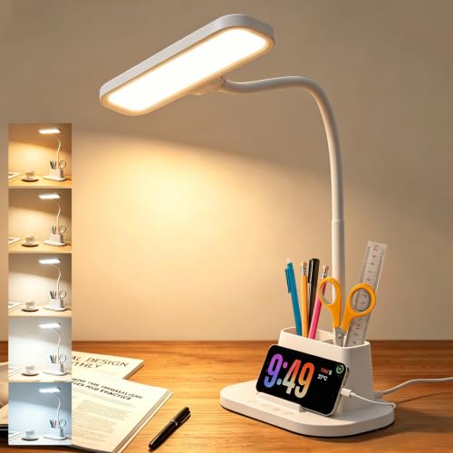 BOHON Desk Lamp for Home Office Reading Light with USB Charging Port White | Small Desk Lamps with Pen Holder, 5 Color Modes 5 Brightness, Touch Gooseneck LED Table Lamp for Dorm Room Essentials Study - color: Pearl White