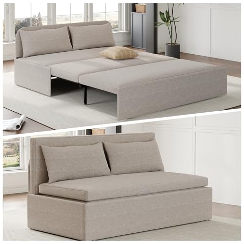 64.2" Queen Size Pull Out Sofa Bed，3-in-1 Linen Convertible Sleeper Sofa Bed,Loveseat Pullout Bed with Pillows and Tri-fold Mattress for Small Space/Bedroom,Beige - color: Beige, size: Queen