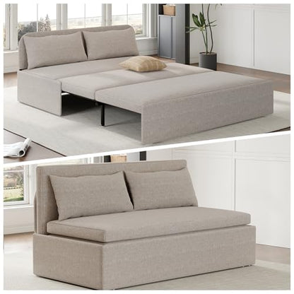 64.2" Queen Size Pull Out Sofa Bed，3-in-1 Linen Convertible Sleeper Sofa Bed,Loveseat Pullout Bed with Pillows and Tri-fold Mattress for Small Space/Bedroom,Beige - color: Beige, size: Queen