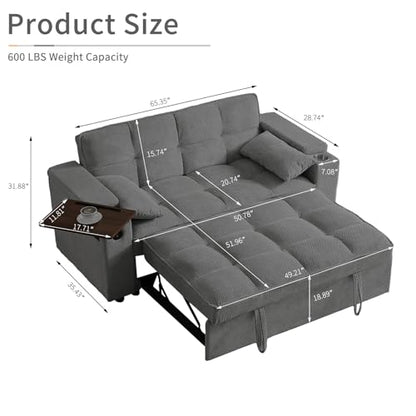 65'' 3-in-1 Folding Convertible Sofa Bed, Queen Size Pullout Sofa, Modern Chenille Fabric, 360° Swivel Side Table, Easy Assembly, Perfect for Living Room - color: Dark Grey-a