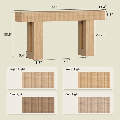 63-Inch Long Entryway Console Table with a Fluted Design, Thick Wood Farmhouse Sofa Table Behind Couch, Narrow Hallway Accent Table for Living Room, Foyer, Entrance, Natural Oak - color: Natural Oak, size: 63 Inch