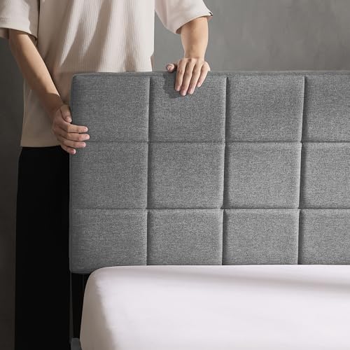 Hearth & Harbor Bed Headboard, Square Tufted Linen Queen Headboard Only, Upholstered, Wall Mounted, Adjustable Height 34'-42', Modern, Silver - color: Silver, size: Queen